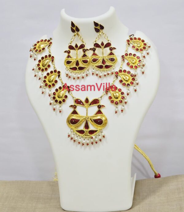 Assamese traditional pure silver based gold polished red meenakari mayur necklace set