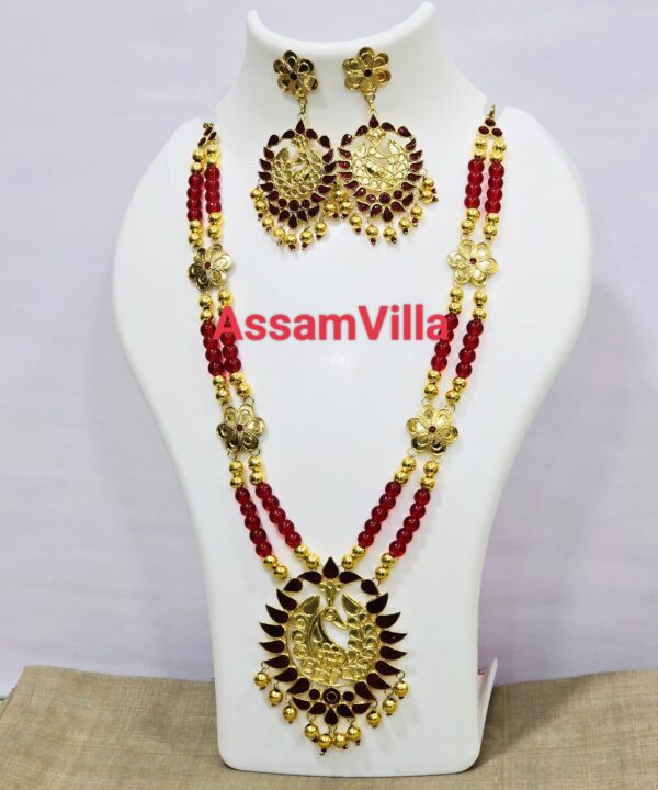 Assamese traditional pure silver based gold polished red meenakari mayur necklace set