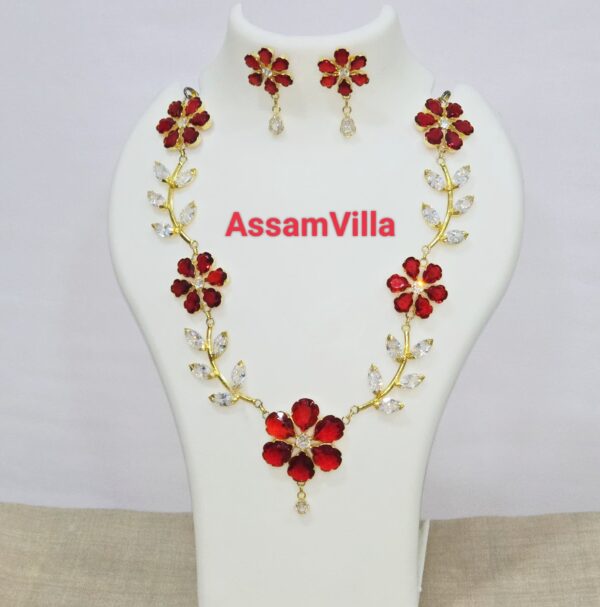 Assamese traditional pure silver based gold polished red and white stone floral design necklace set