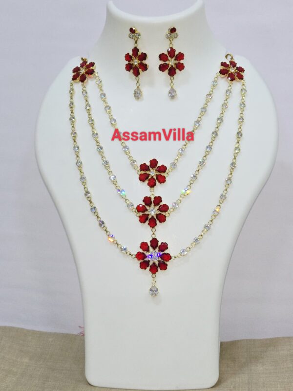 Assamese traditional pure silver based gold polished red and white stone floral design necklace set
