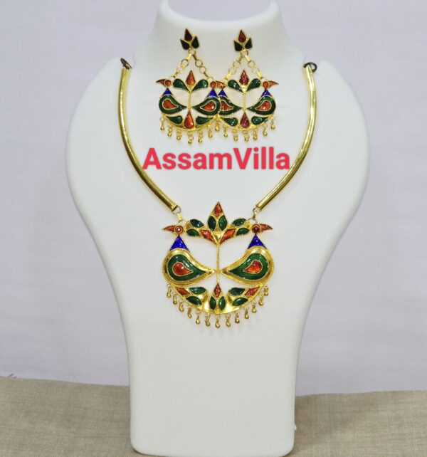 Assamese traditional pure silver based gold polished multicolored mayur golpota set