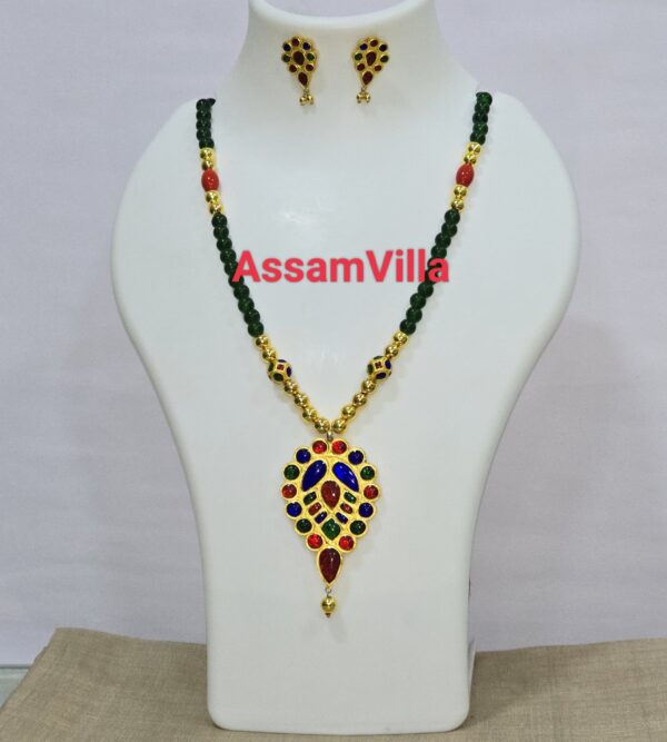 Assamese traditional pure silver based gold foiled multicolour medium size doogdoogi pendant set