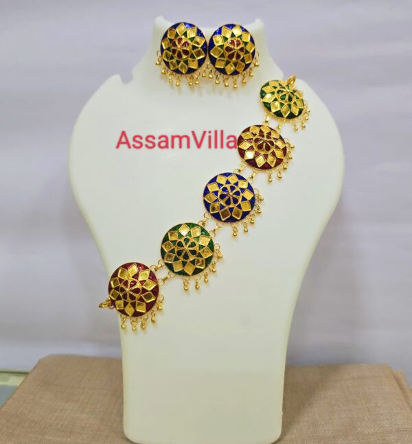 Assamese traditional pure silver based gold polished multicolored jaapi golpota necklace set