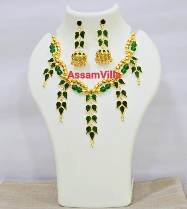 Assamese traditional pure silver based gold polished green meenakari paat golpota set