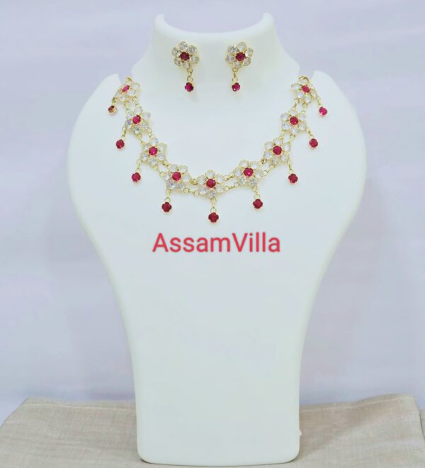 Assamese traditional pure silver based gold polished white and red stone floral golpota
