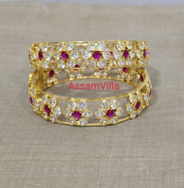 Assamese traditional pure silver based gold polished white and pink stone floral bangles