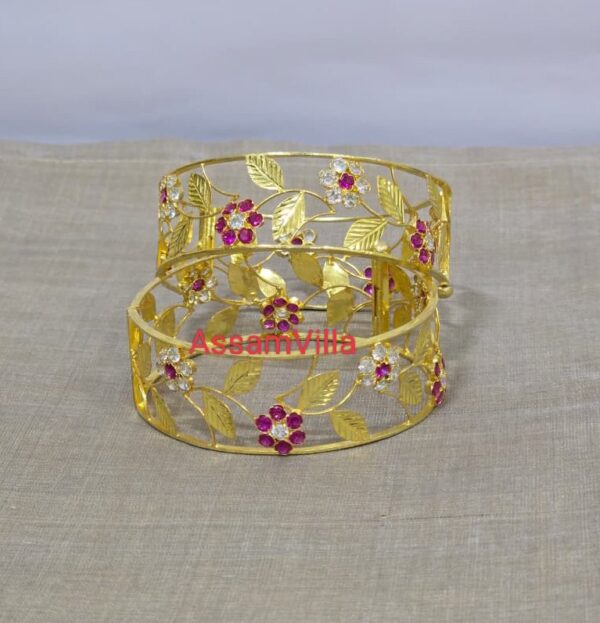 Assamese traditional pure silver based gold polished floral bangles