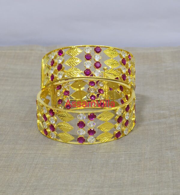 Assamese traditional pure silver based gold polished red and white stone fitted bangles