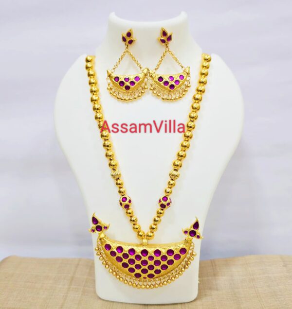 Assamese traditional pure silver based 24kt gold foiled pink stone junbiri necklace set with lifetime warranty