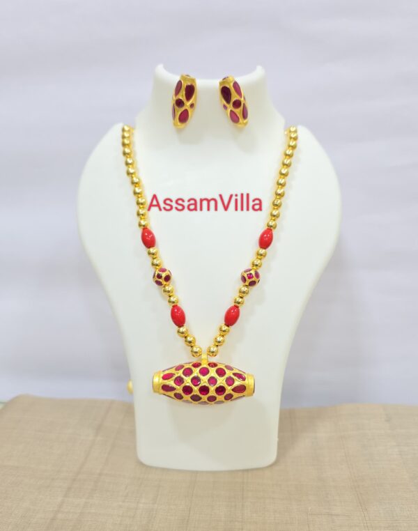 Assamese traditional pure silver based 24kt gold foiled real stone dhol pendant set