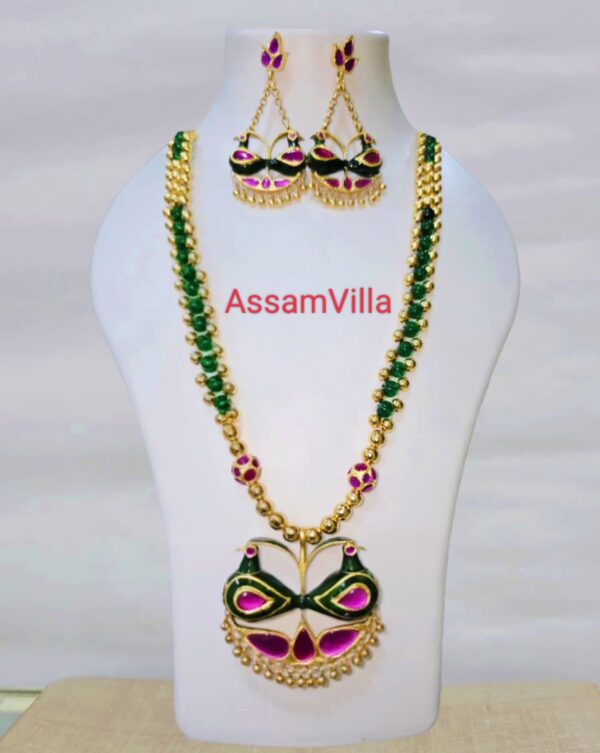 Assamese traditional pure silver based 24kt gold foiled real stone Lokaparo pendant set