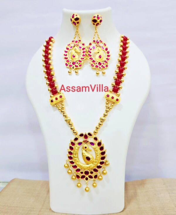 Assamese traditional pure silver based 24kt gold foiled real stone Mayur necklace set