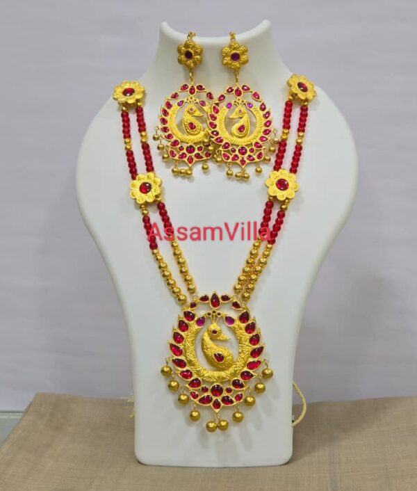 Assamese traditional pure silver based 24kt gold foiled real stone Mayur necklace set