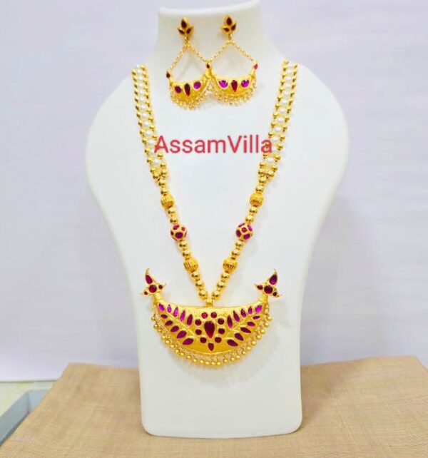 Assamese traditional pure silver based 24kt gold foiled real stone junbiri necklace set