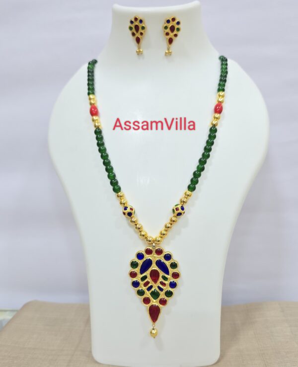 Assamese traditional pure silver based 24kt gold foiled multicolour stone doogdoogi pendant set